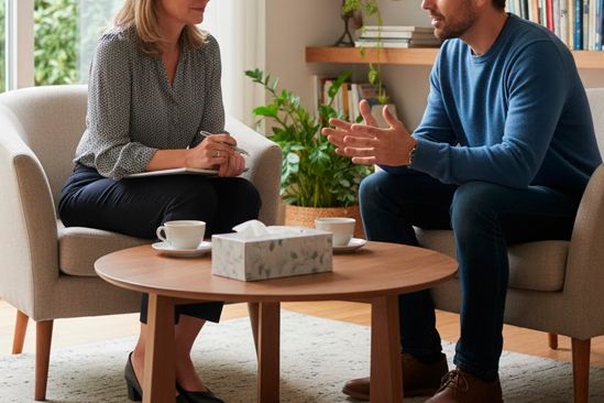 Психотерапевт общается с пациентом Психотерапевт проводит сеанс